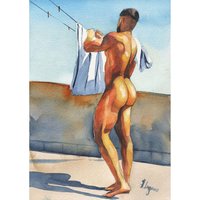 PRINT of Original Art Work Watercolor Painting Gay Male Nude "Hang out the wash"