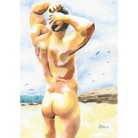 PRINT of Original Art Work Watercolor Painting Gay Male Nude "Deserted beach"