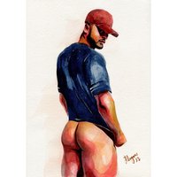 PRINT of Original Art Work Watercolor Painting Gay Male Nude "Guy with a cap"