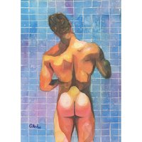 PRINT of Original Art Work Watercolor Painting Gay Male Nude "Shower 24"