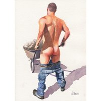 PRINT of Original Art Work Watercolor Painting Gay Male Nude "Worker"