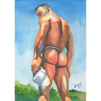 PRINT of Art Work Watercolor Painting Gay Male Nude "Cap in hand"
