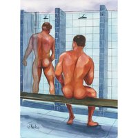PRINT of Original Art Work Watercolor Painting Gay Male Nude "Shower 19"