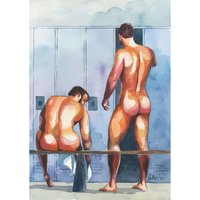 PRINT of Art Work Watercolor Painting Gay Male Nude "In the locker room 6"