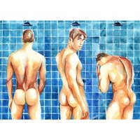 PRINT of Original Art Work Watercolor Painting Gay Male Nude "Shower 12"