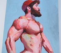 Original Hand painted Artwork Oil Painting on paper Gay Man Male Nude
