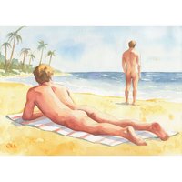 12x16" Original Hand painted Artwork Watercolor Painting Gay Man Male Nude A3