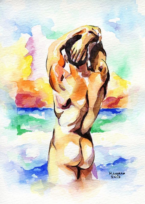 PRINT of Original Art Work Watercolor Painting "Sunset beach"
