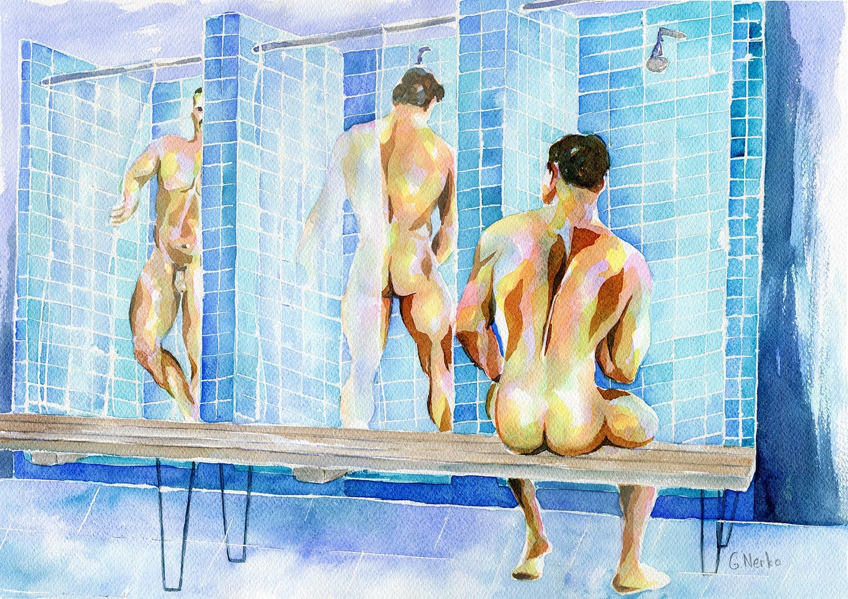 PRINT of Original Art Work Watercolor Painting "Locker room"
