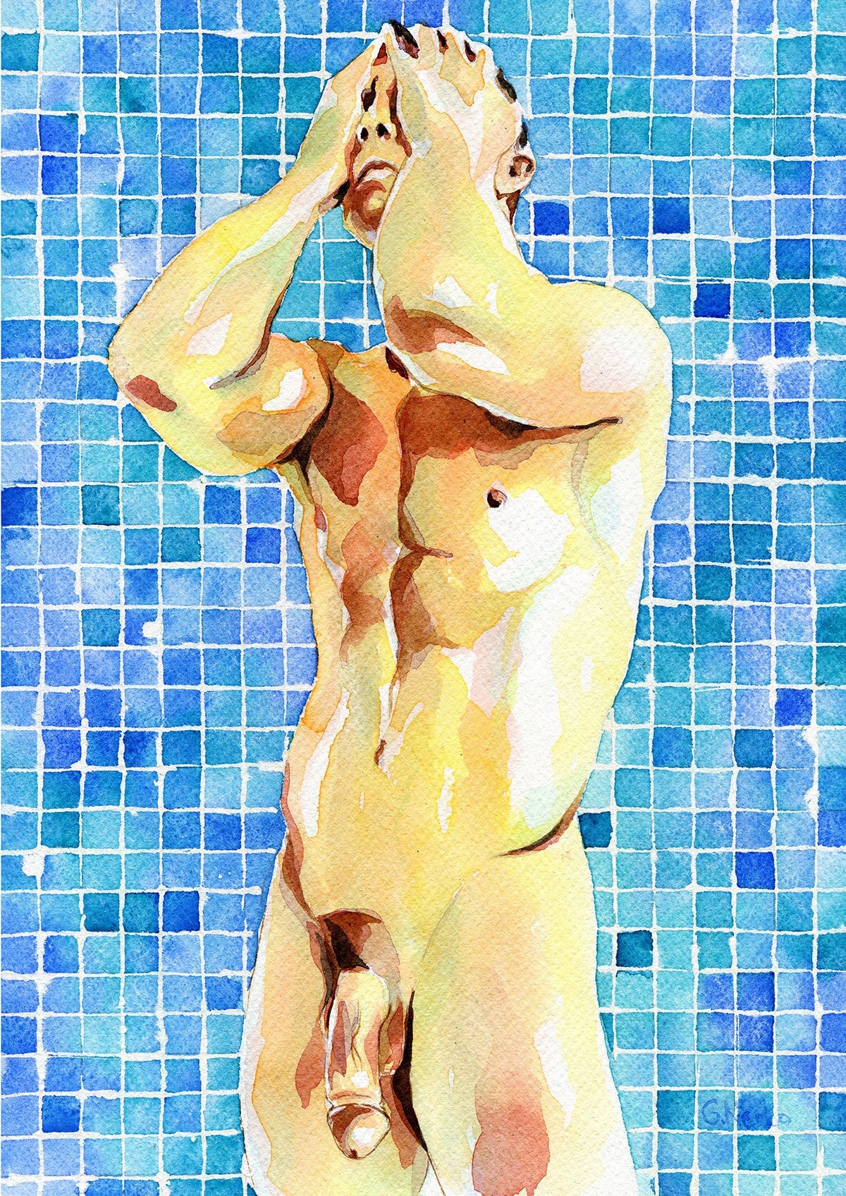 PRINT of Original Art Work Watercolor Painting "Showering"