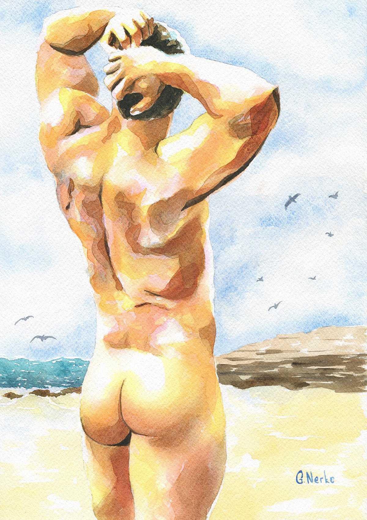 Print of Original Artwork Watercolor Painting "Deserted beach"