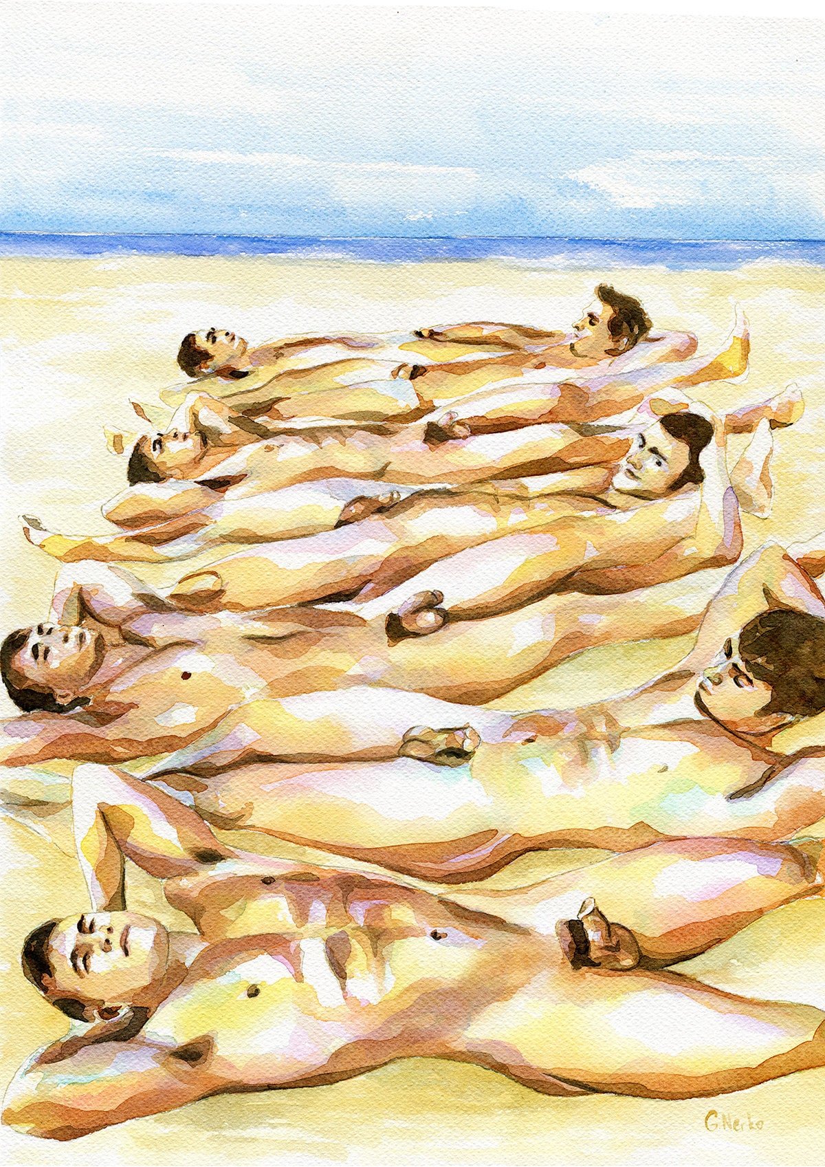 PRINT Original Art Work Watercolor Painting "Beach party 2"