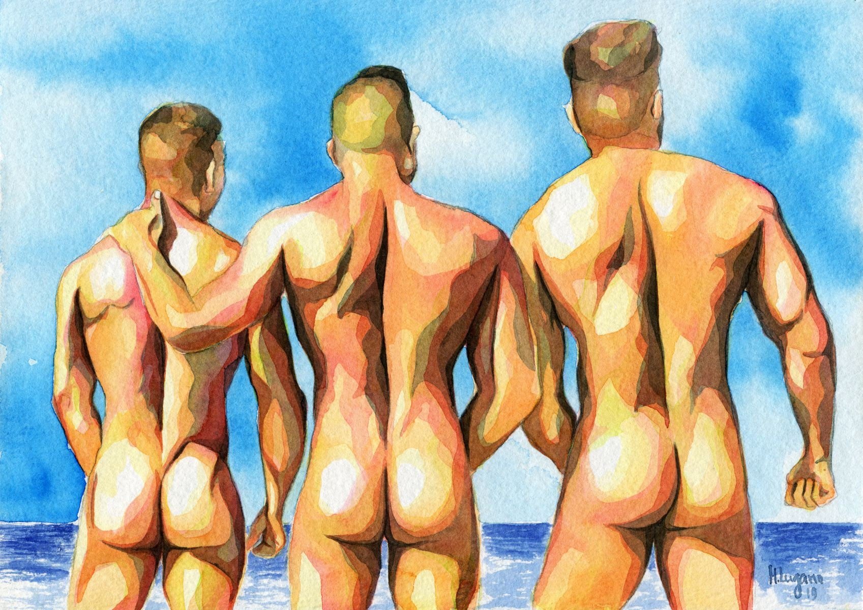 PRINT of Original Art Work Watercolor Painting Gay Male Nude "Summer time 7"