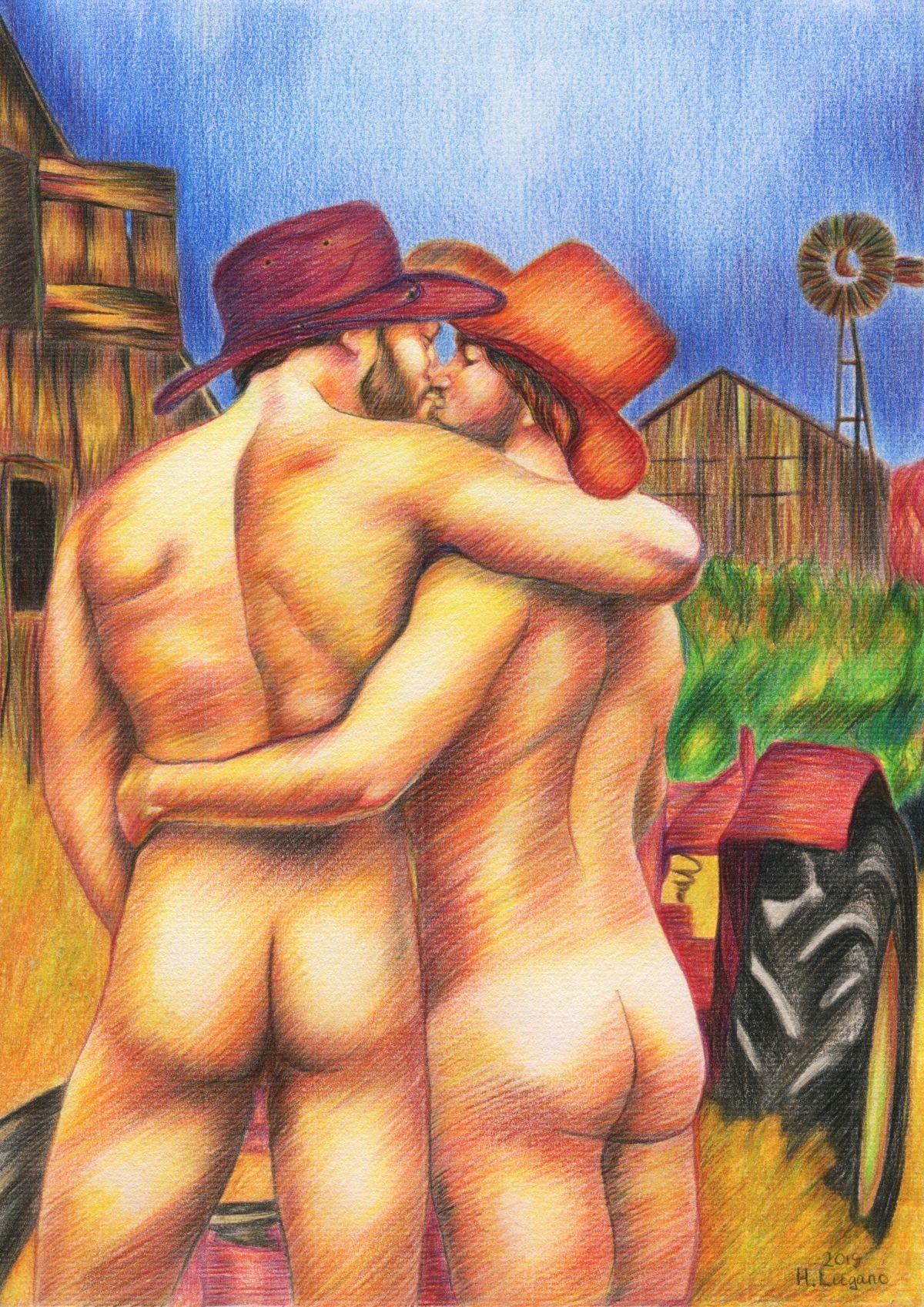 PRINT Original Art Work Pencil Drawing Gay Male Nude "On the farm"