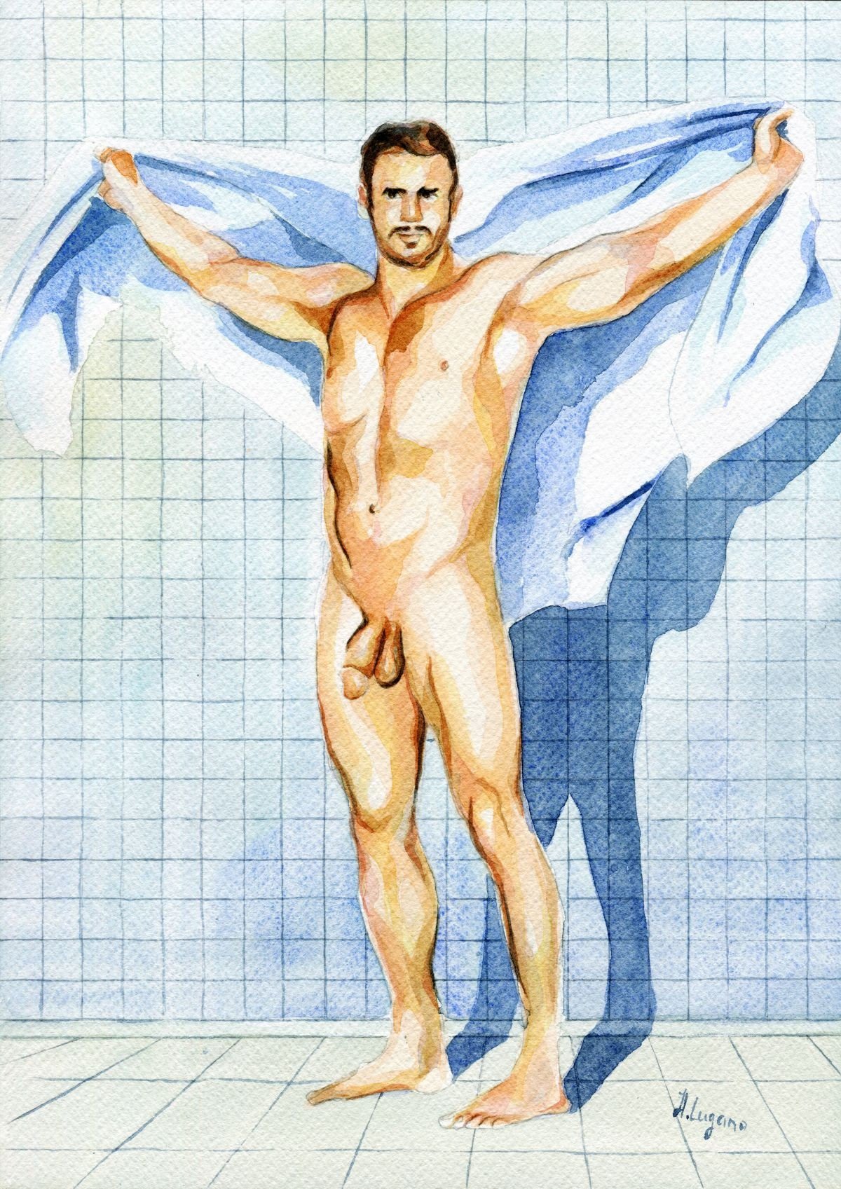 PRINT Original Art Work Watercolor Painting "After the sauna"