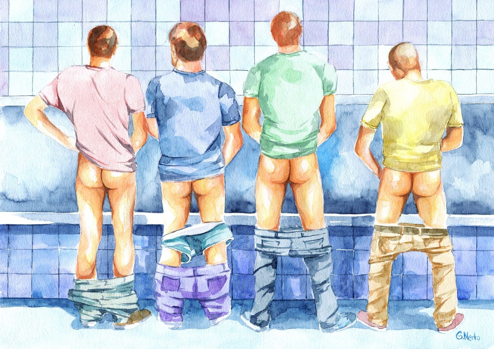 PRINT Original Art Work Watercolor Painting Gay Male Nude "Public toilet 22"