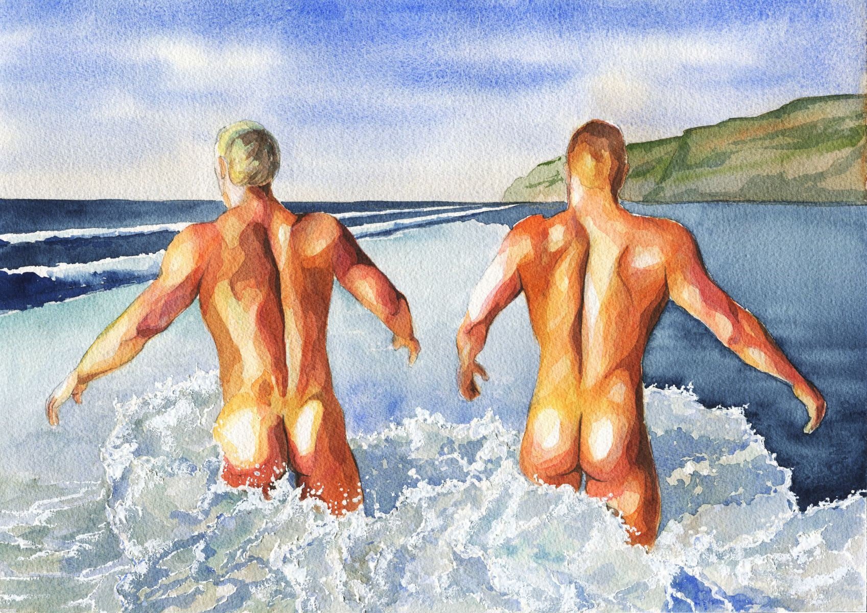 PRINT of Original Art Work Watercolor Painting "2 guys on the beach"