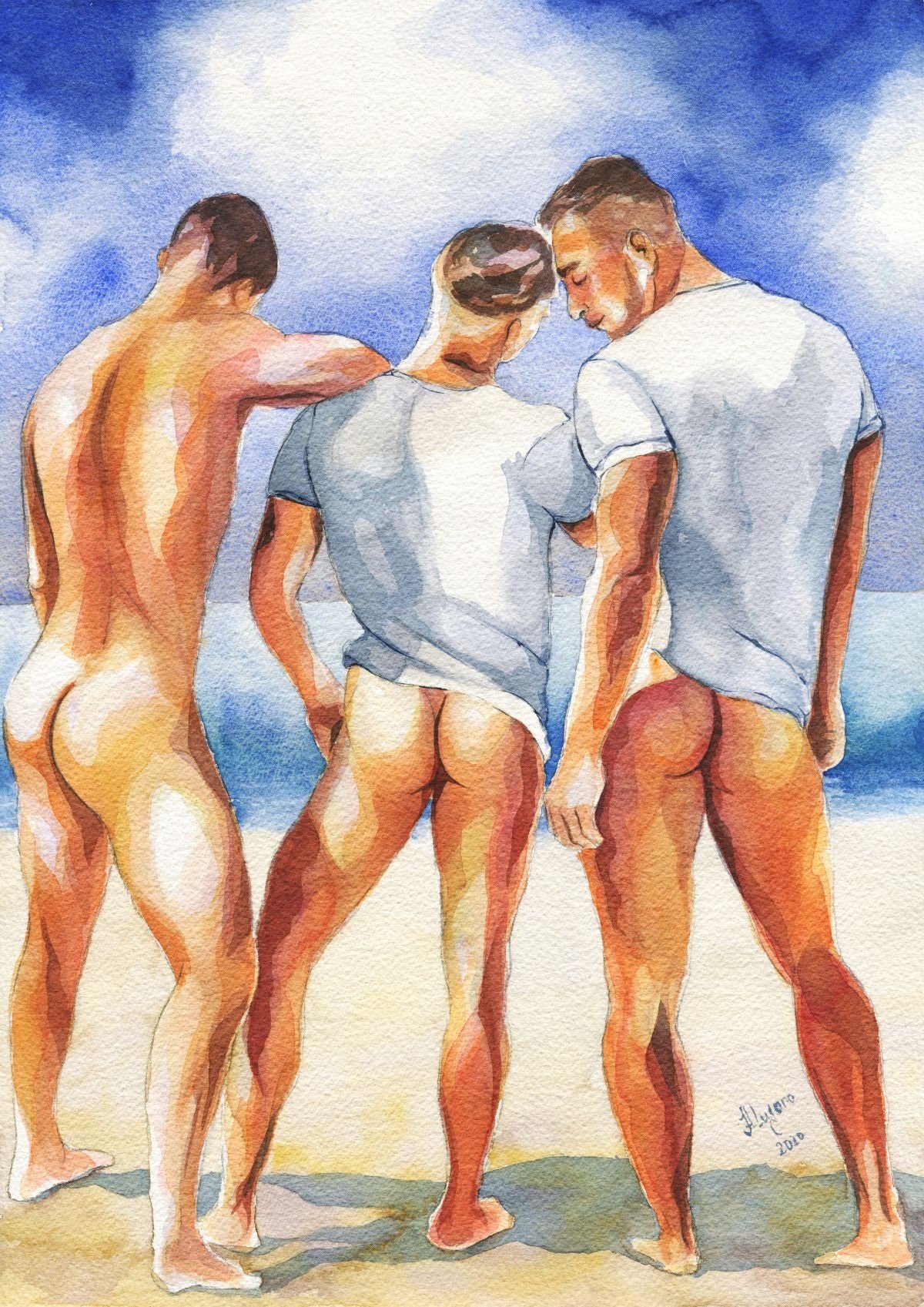 PRINT of Original Art Work Watercolor Painting "3 guys on the beach"