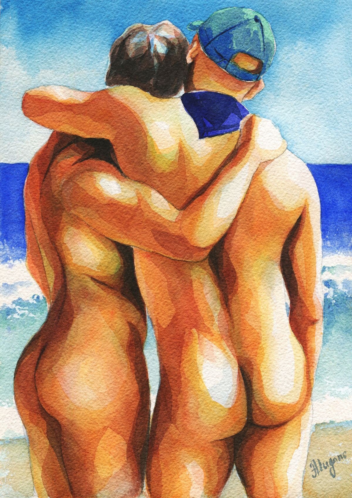 PRINT of Original Art Work Watercolor Painting Gay Male Nude "Lovers on the beach 3"