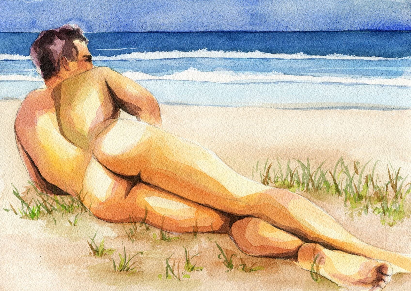 PRINT of Original Art Work Watercolor Painting "Lying on the sand"