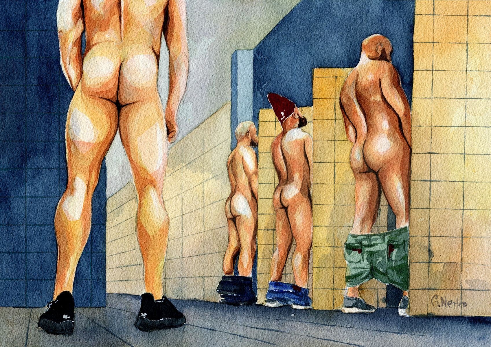PRINT of Original Art Work Watercolor Painting Gay Interest Male Nude "Public toilet 27"