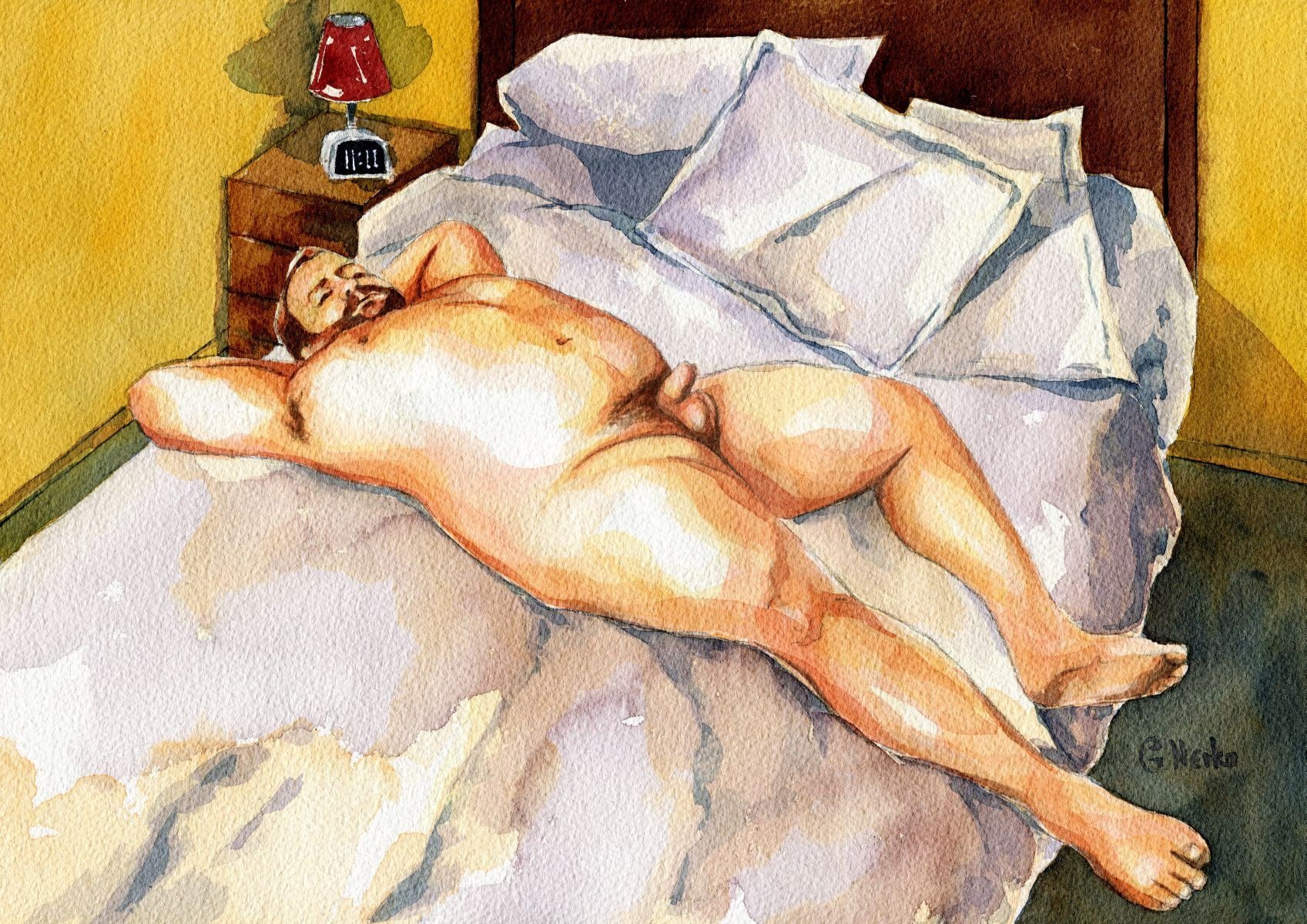 PRINT of Original Art Work Watercolor Painting "Rest on the bed"
