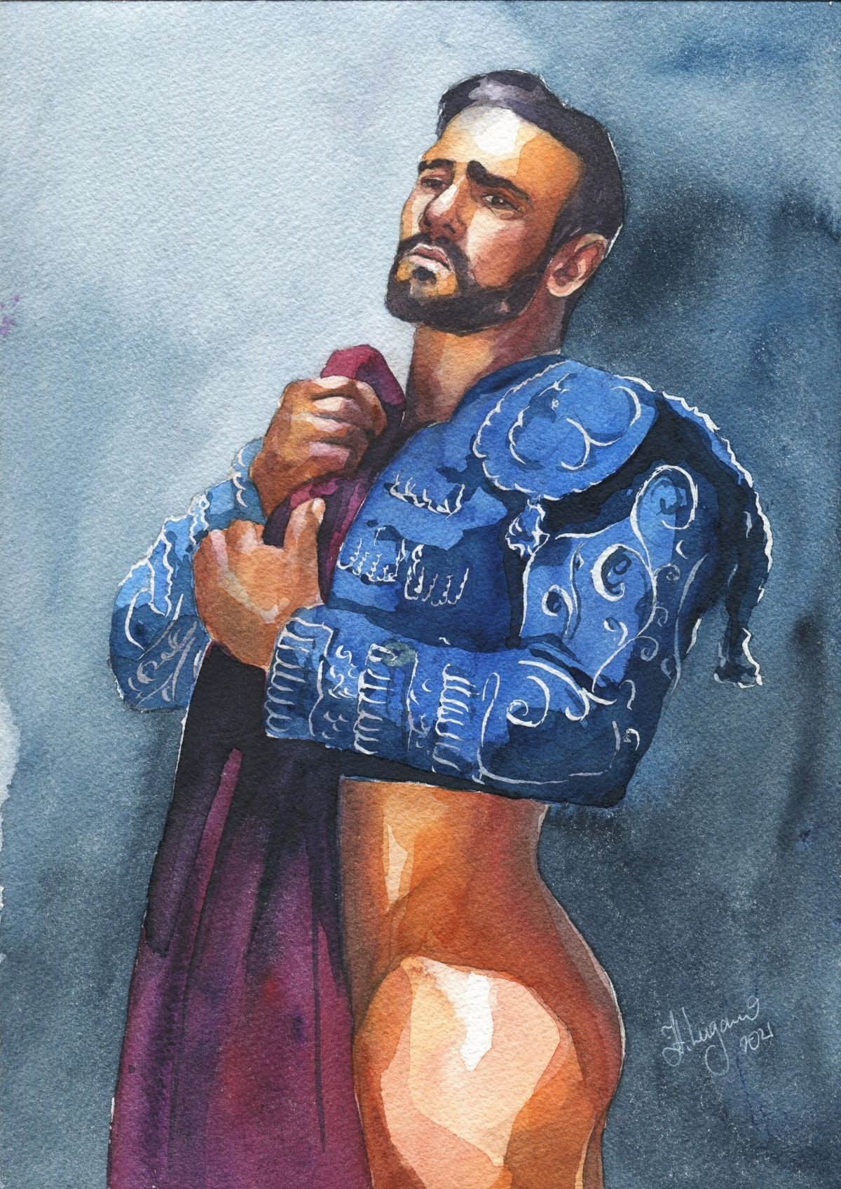 PRINT of Original Art Work Watercolor Painting Gay Interest Male Nude "Sad man"