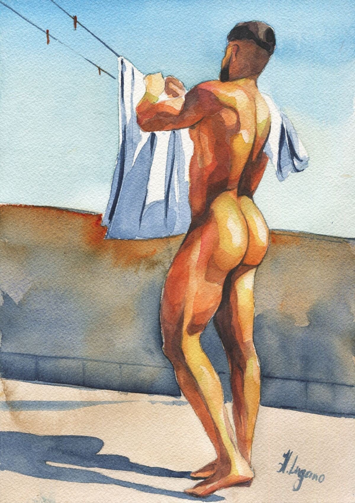 PRINT of Original Art Work Watercolor Painting "Hang out the wash"