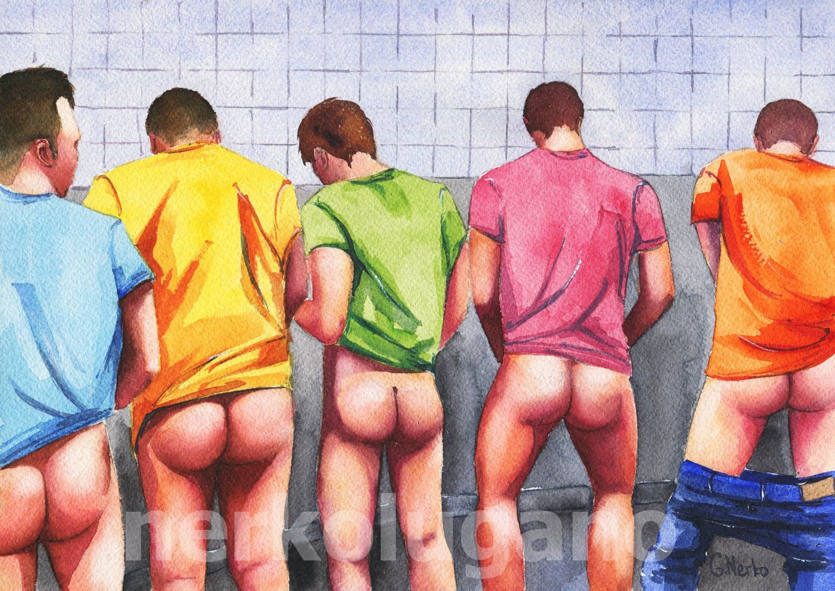 PRINT of Original Art Work Watercolor Painting Gay Interest Male Nude "Public toilet 31"
