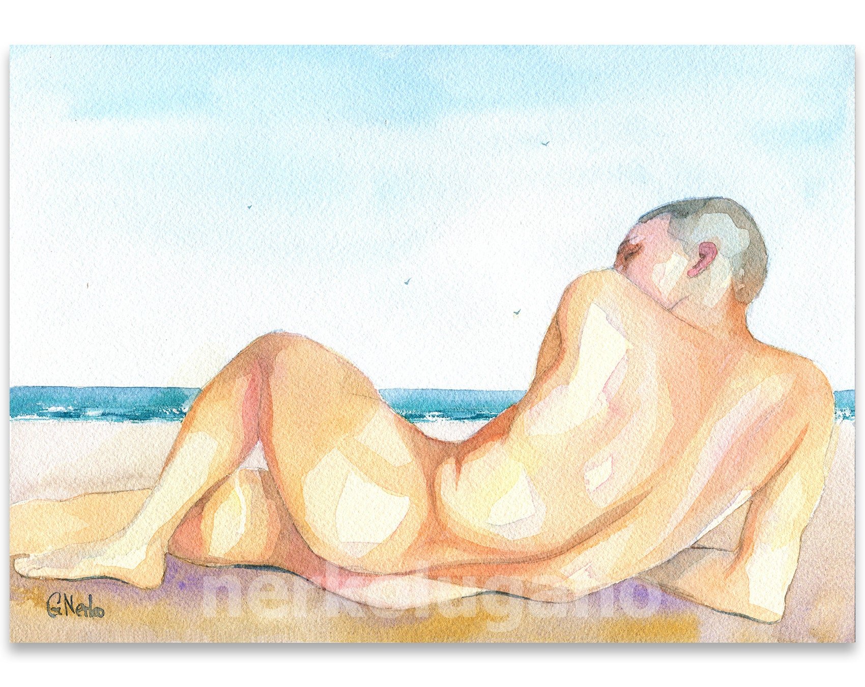 Original Hand painted Artwork Watercolor Painting Erotic Male Man Nude Gay