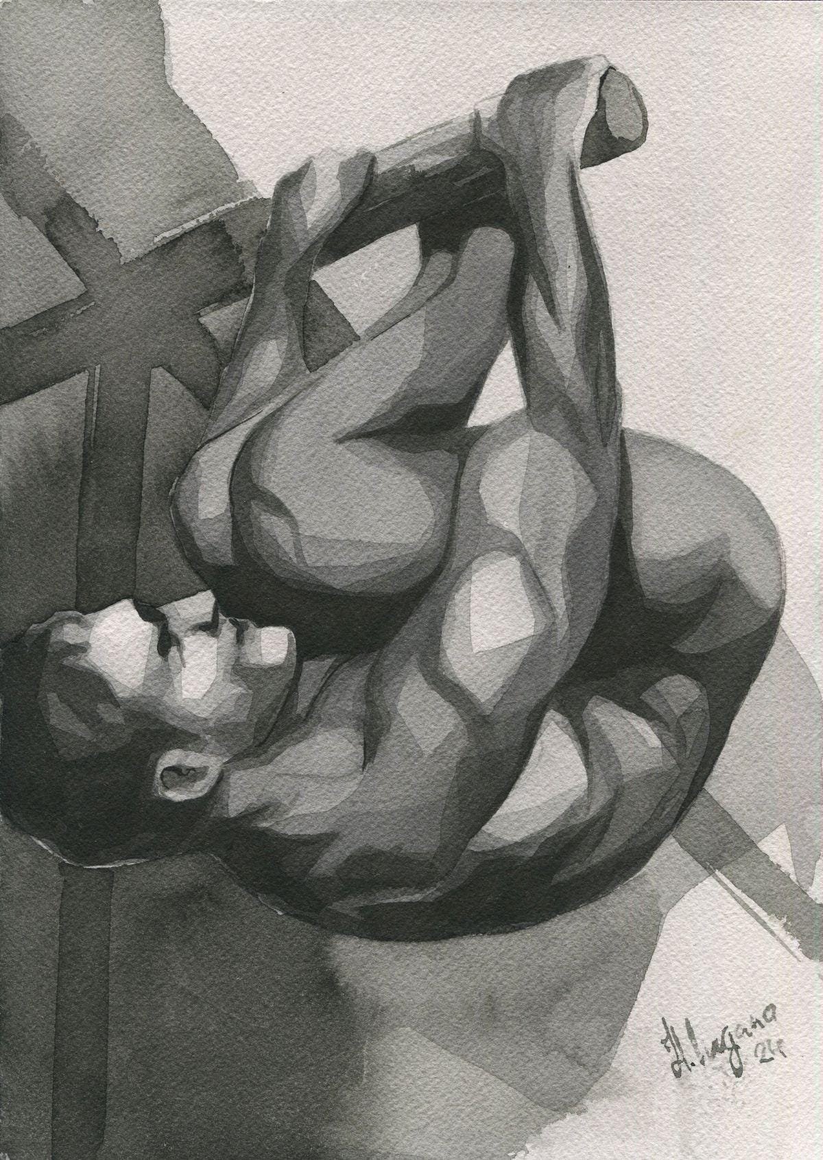 Original Hand painted Artwork Watercolor Painting Erotic Male Man Nude Gay