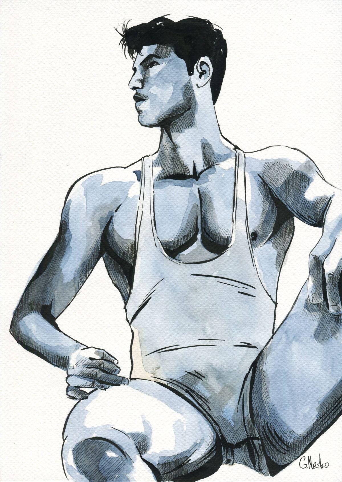 Original Hand painted Artwork Watercolor Painting Erotic Male Man Nude Gay