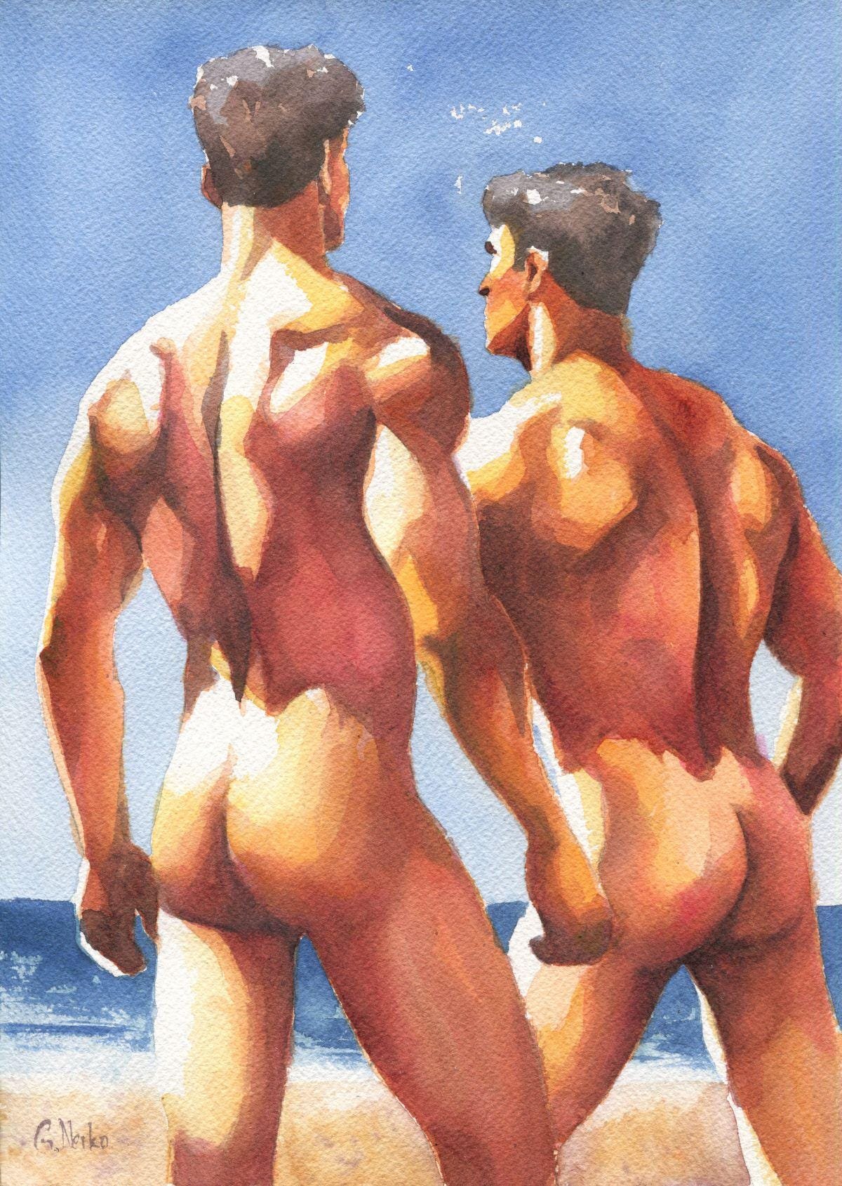 Original Hand painted Artwork Watercolor Painting Erotic Male Man Nude Gay