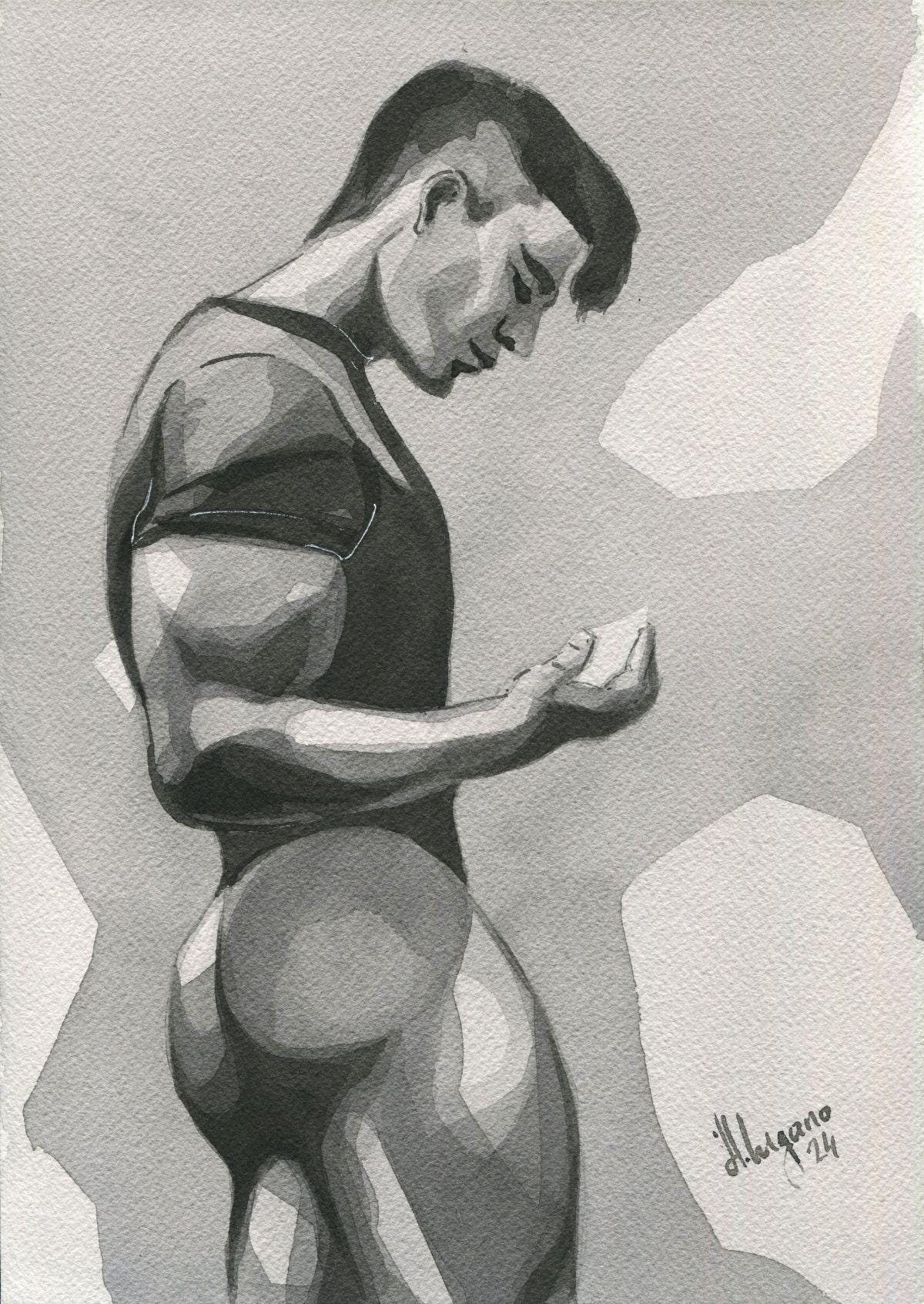 Original Hand painted Artwork Watercolor Painting Erotic Male Man Nude Gay