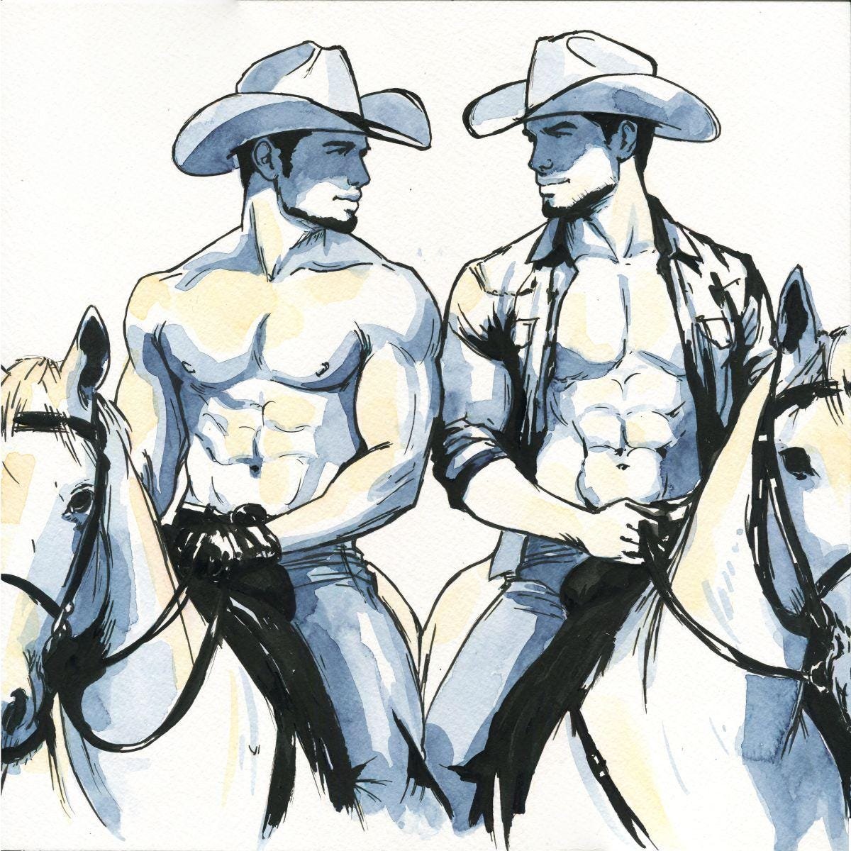 12x12" Original Hand painted Artwork Watercolor Painting Gay Man Male Nude
