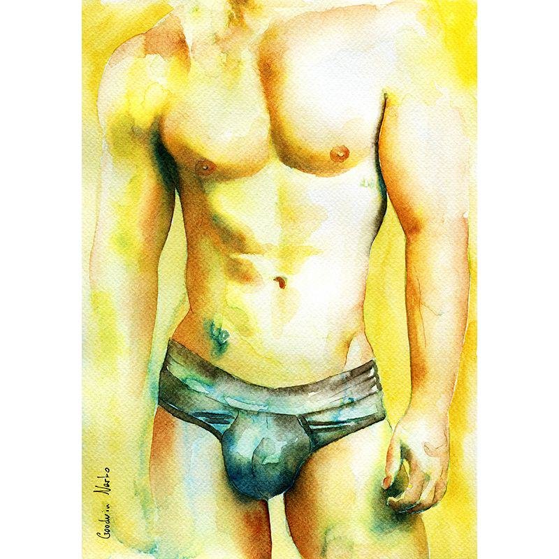 PRINT of Original Art Work Watercolor Painting Gay Male Nude "Push The Limits"