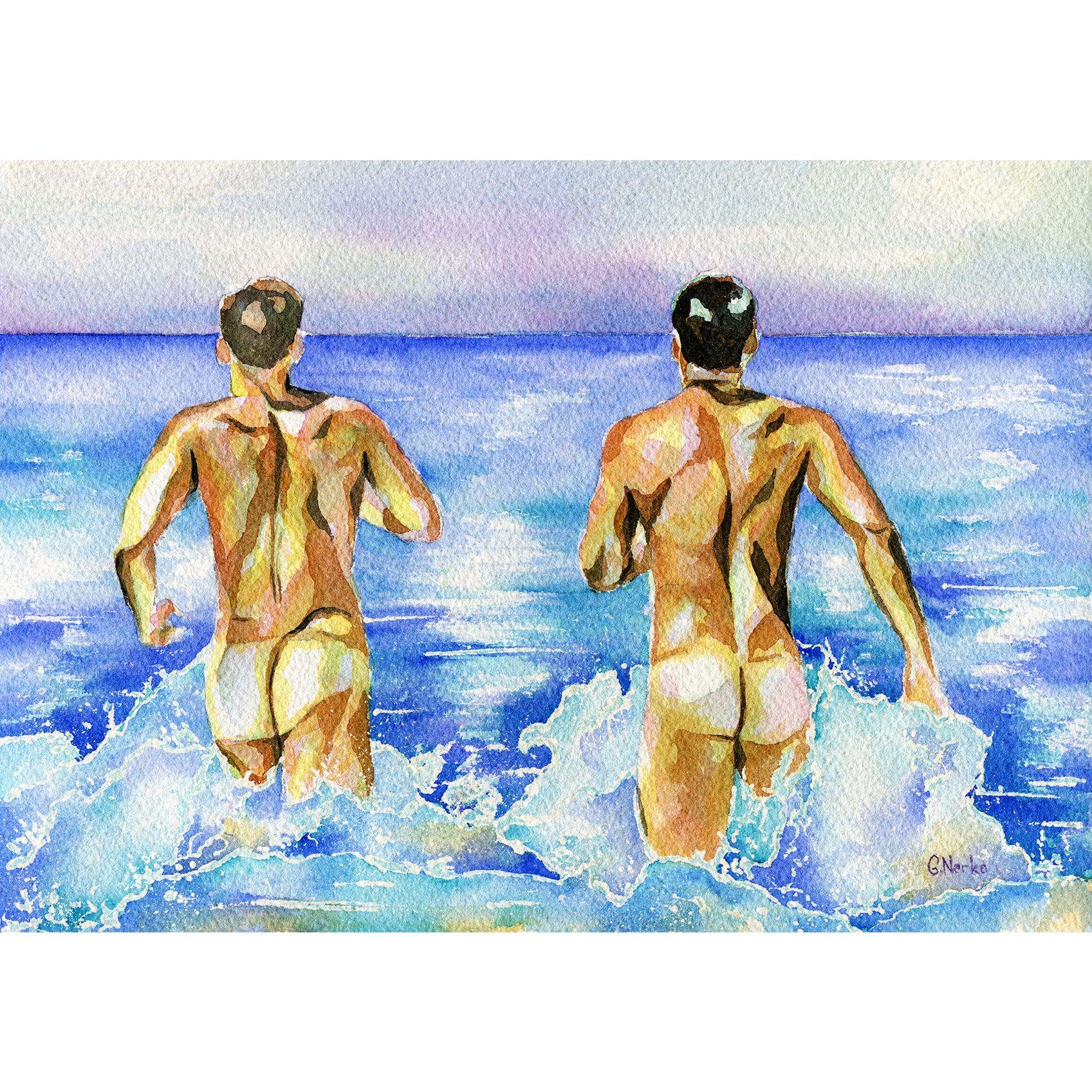 PRINT of Original Art Work Watercolor Painting Gay Male Nude "Beach pleasure"