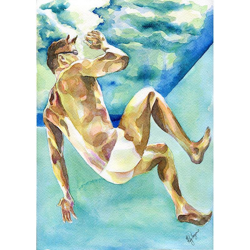 PRINT of Original Art Work Watercolor Painting Gay Male Nude "Under water"