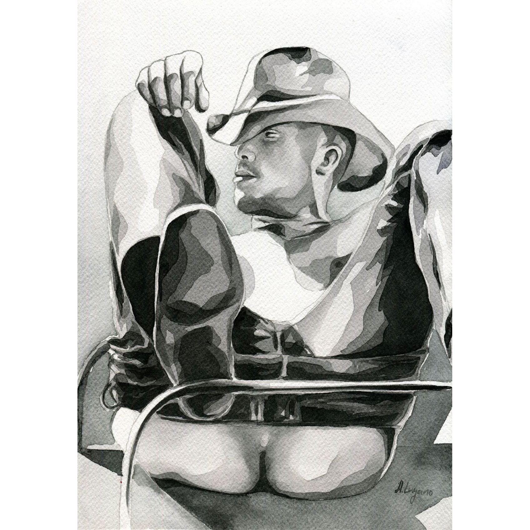 PRINT of Original Art Work Watercolor Painting Gay Male Nude "Cowboy"