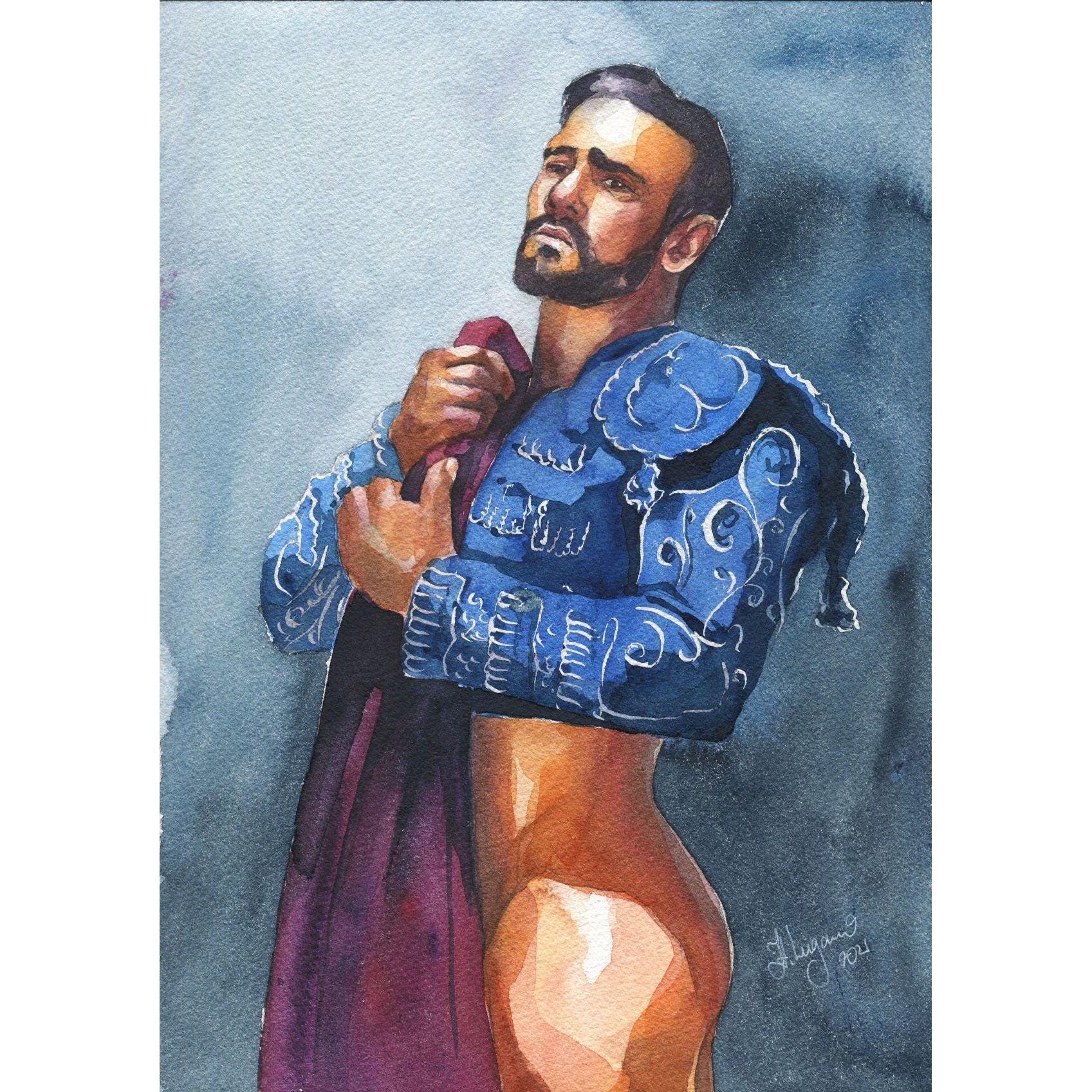 PRINT of Original Art Work Watercolor Painting Gay Male Nude "Sad man"