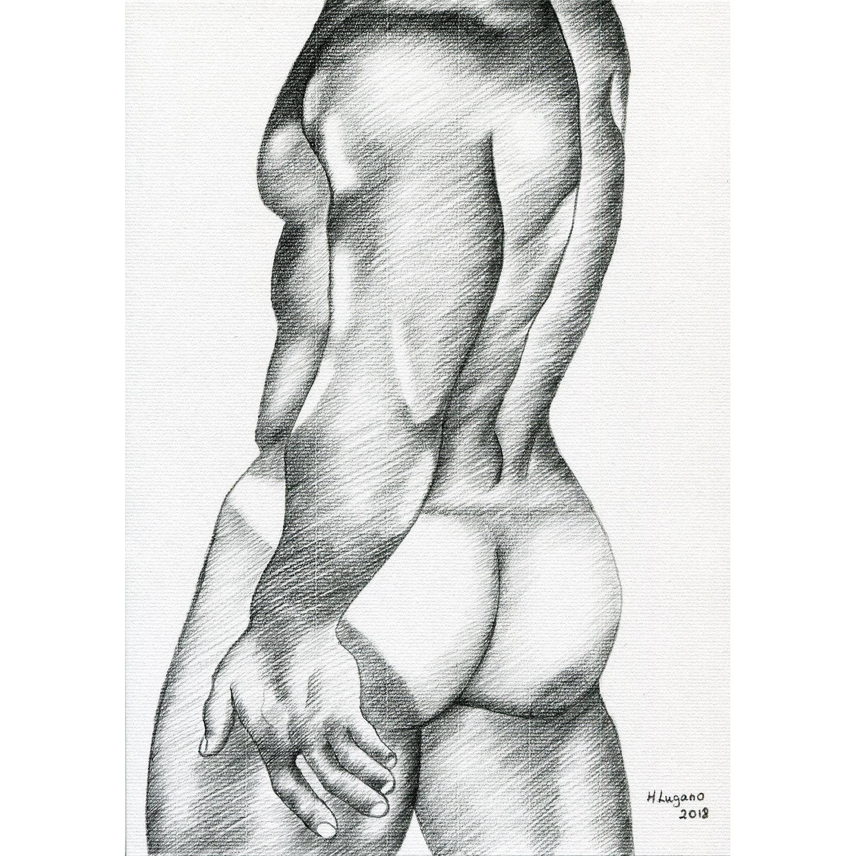 PRINT of Original Art Work Pencil Drawing Gay Male Nude "Muscle"