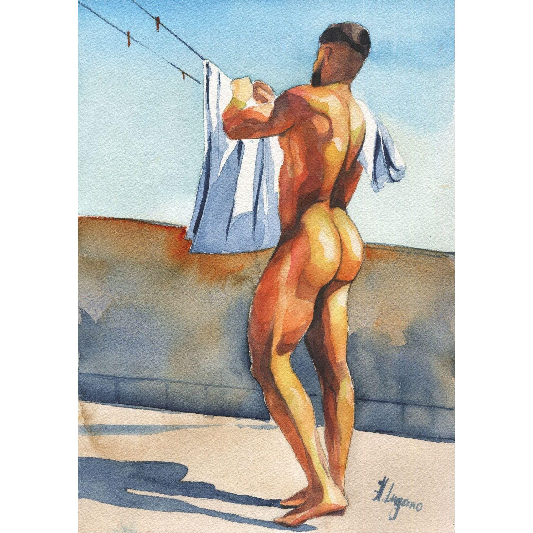 PRINT of Original Art Work Watercolor Painting Gay Male Nude "Hang out the wash"