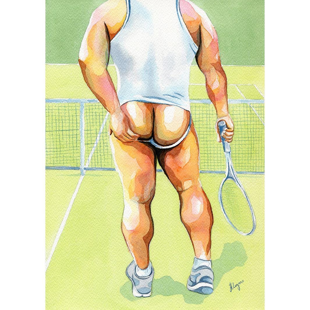 PRINT of Original Art Work Watercolor Painting Gay Male Nude "Tennis lesson"