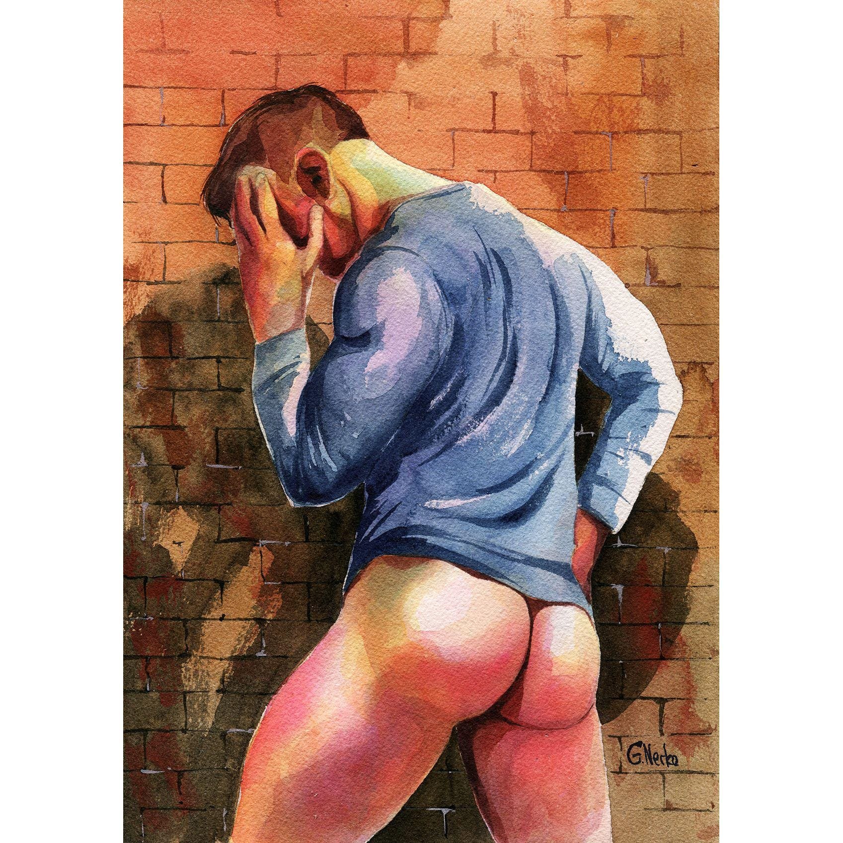 PRINT of Original Art Work Watercolor Painting Gay Male Nude "Wall's secret"