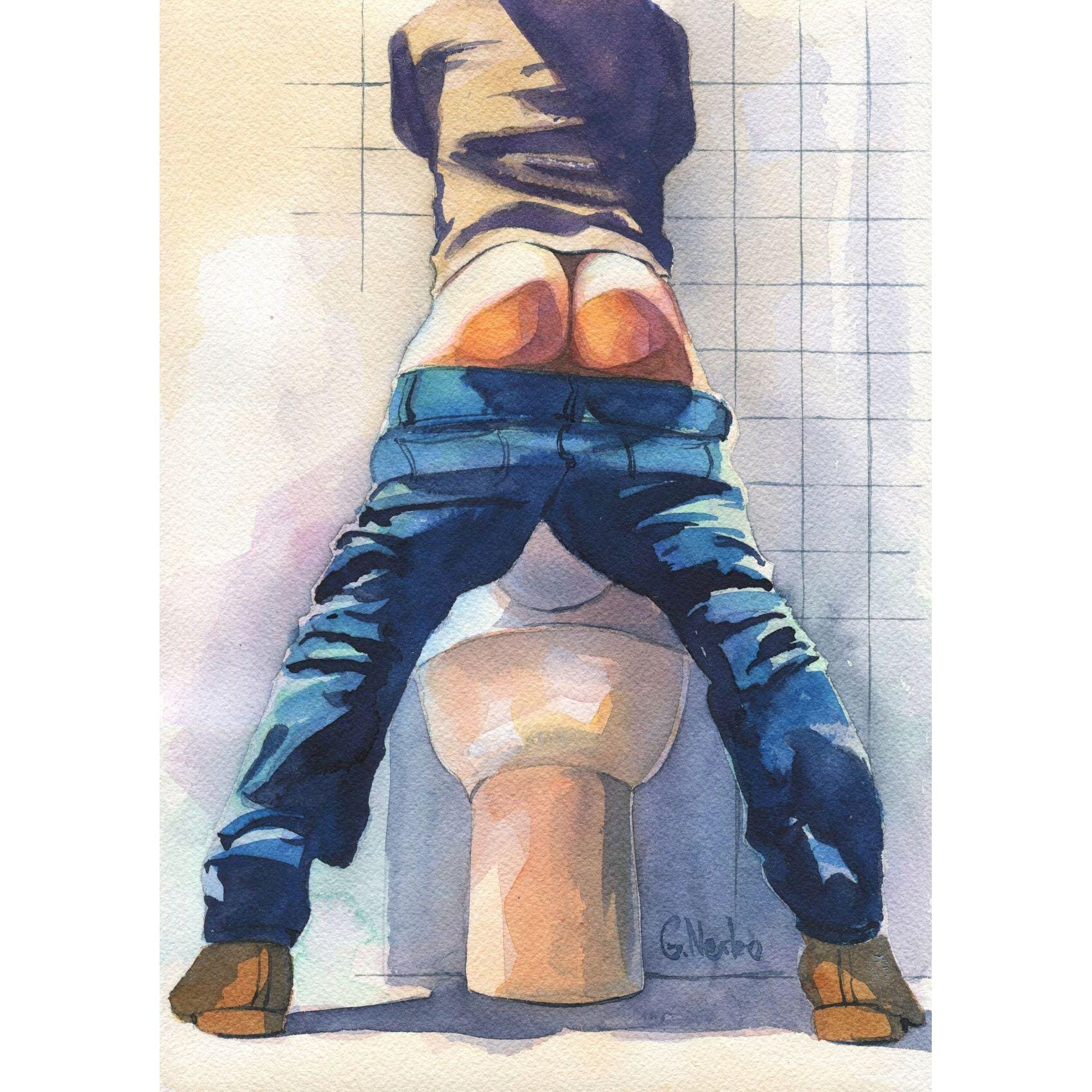 PRINT of Original Art Work Watercolor Painting Gay Male Nude "Public toilet 32"