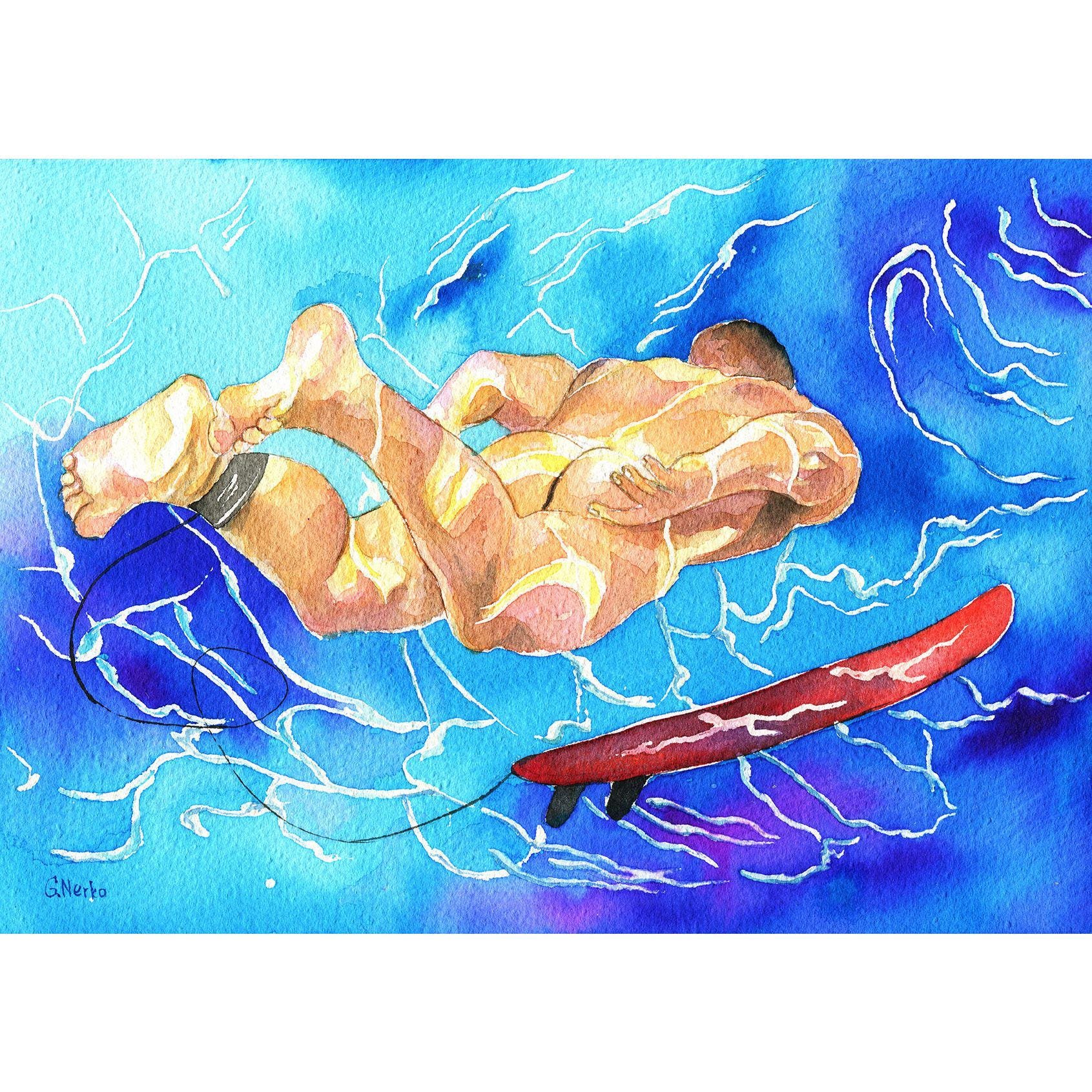 PRINT of Original Art Work Watercolor Painting Gay Male Nude "Under water"