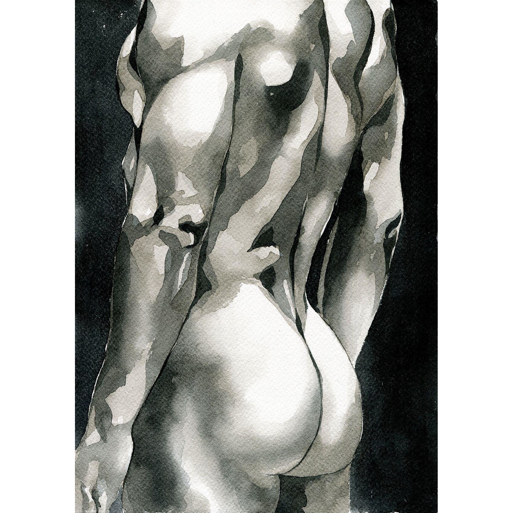 PRINT of Original Art Work Watercolor Painting Gay Male Nude "Look"