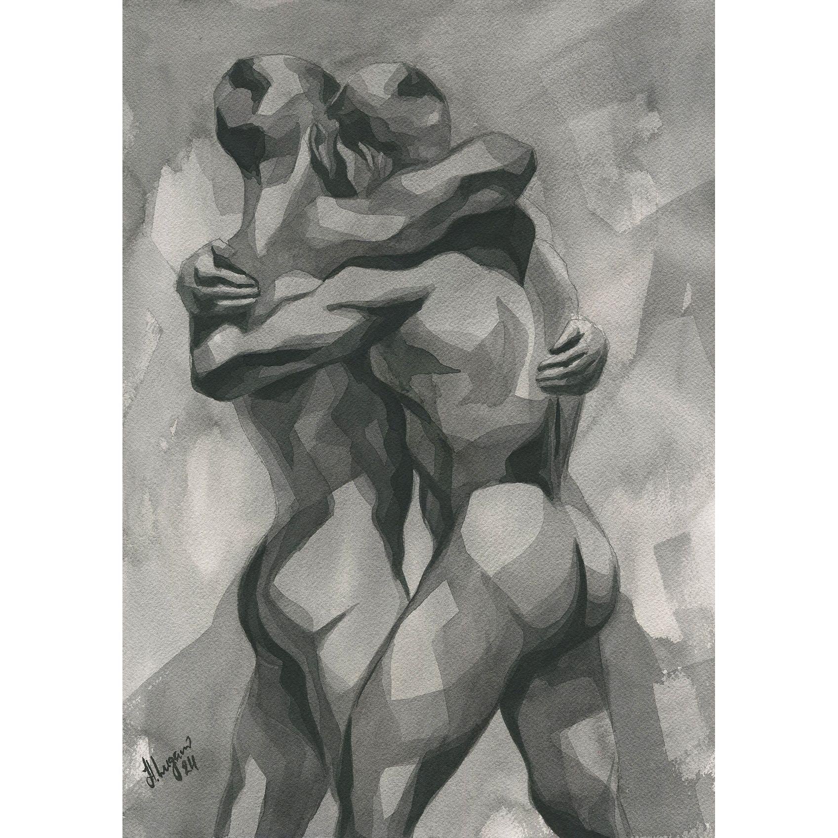 PRINT of Original Art Work Watercolor Painting Gay Male Nude "Kissing"