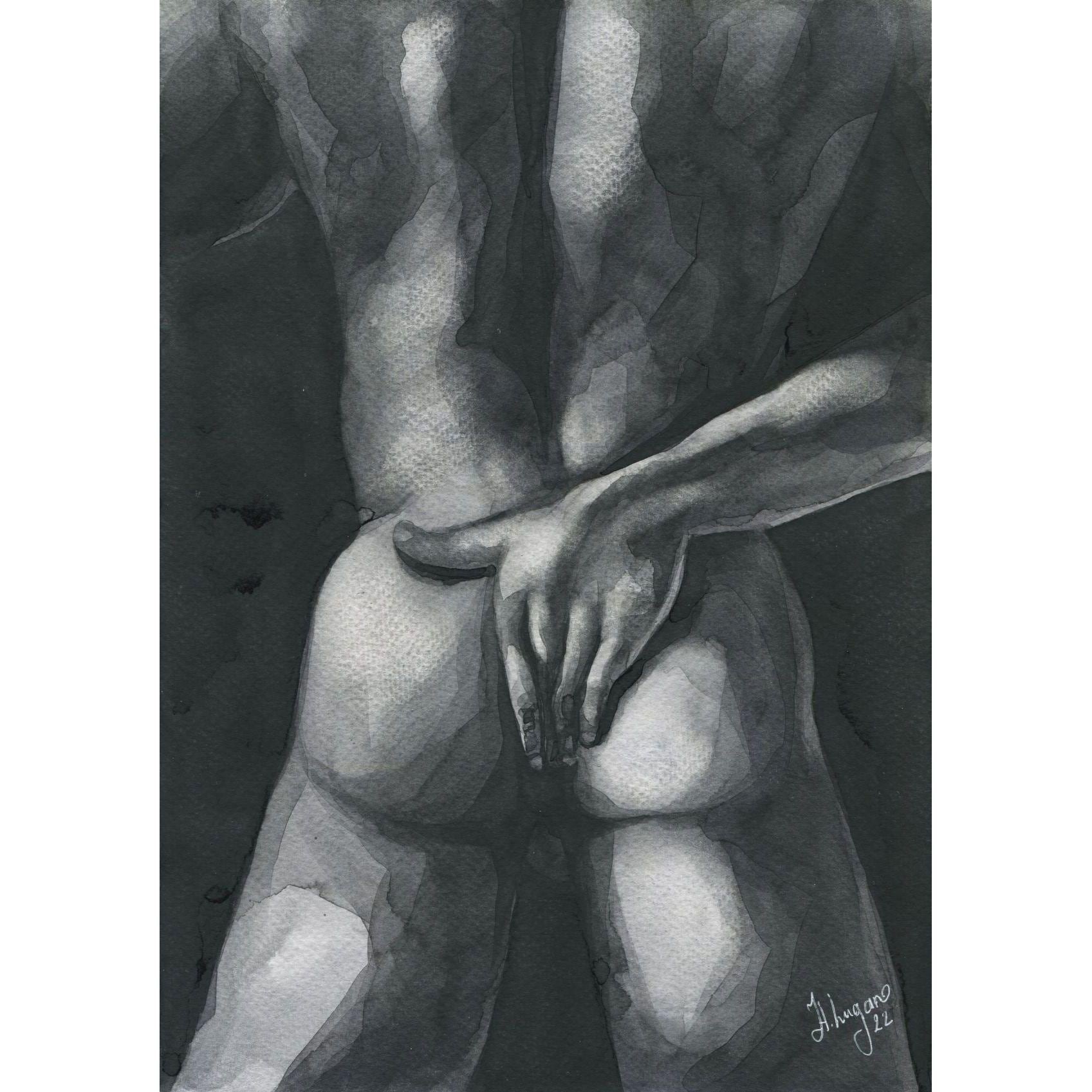 PRINT of Original Art Work Watercolor Painting Gay Male Nude "Feeling"