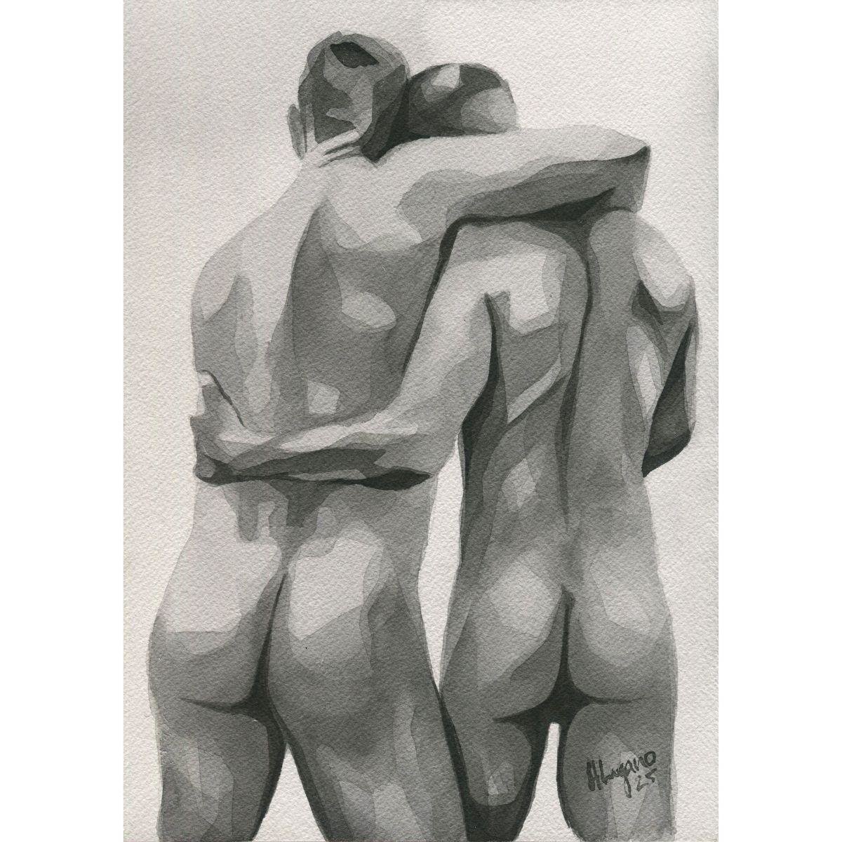 Original Hand painted Artwork Watercolor Painting Erotic Male Man Nude Gay